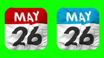 Twenty Sixth, 26th May Date Calendar Seamless Looping Squire Cloth Icon, Looped Plain Fabric Texture Waving Slow Motion, 3D Rendering, Green Screen, Alpha Matte video