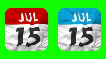 Fifteenth, 15th July Date Calendar Seamless Looping Squire Cloth Icon, Looped Plain Fabric Texture Waving Slow Motion, 3D Rendering, Green Screen, Alpha Matte video