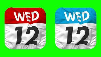 Twelfth, 12th Wednesday Date Calendar Seamless Looping Squire Cloth Icon, Looped Plain Fabric Texture Waving Slow Motion, 3D Rendering, Green Screen, Alpha Matte video