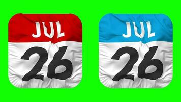 twintig zesde, 26e juli datum kalender naadloos looping schildknaap kleding icoon, lusvormige duidelijk kleding stof structuur golvend langzaam beweging, 3d weergave, groen scherm, alpha matte video