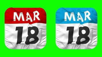 Eighteenth, 18th March Date Calendar Seamless Looping Squire Cloth Icon, Looped Plain Fabric Texture Waving Slow Motion, 3D Rendering, Green Screen, Alpha Matte video