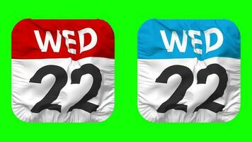 Twenty Second, 22nd Wednesday Date Calendar Seamless Looping Squire Cloth Icon, Looped Plain Fabric Texture Waving Slow Motion, 3D Rendering, Green Screen, Alpha Matte video