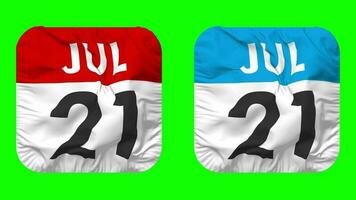 Twenty First, 21st July Date Calendar Seamless Looping Squire Cloth Icon, Looped Plain Fabric Texture Waving Slow Motion, 3D Rendering, Green Screen, Alpha Matte video