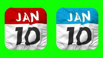 tiende, 10e januari datum kalender naadloos looping schildknaap kleding icoon, lusvormige duidelijk kleding stof structuur golvend langzaam beweging, 3d weergave, groen scherm, alpha matte video