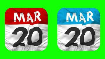 Twentieth, 20th March Date Calendar Seamless Looping Squire Cloth Icon, Looped Plain Fabric Texture Waving Slow Motion, 3D Rendering, Green Screen, Alpha Matte video