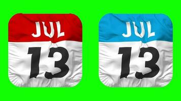 Thirteenth, 13th July Date Calendar Seamless Looping Squire Cloth Icon, Looped Plain Fabric Texture Waving Slow Motion, 3D Rendering, Green Screen, Alpha Matte video