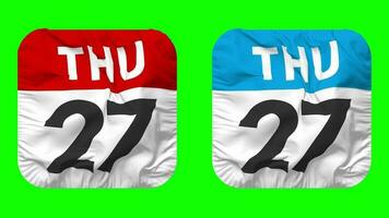 Twenty Seventh, 27th Thursday Date Calendar Seamless Looping Squire Cloth Icon, Looped Plain Fabric Texture Waving Slow Motion, 3D Rendering, Green Screen, Alpha Matte video