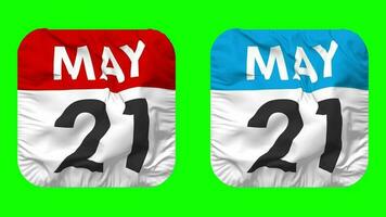 Twenty First, 21st May Date Calendar Seamless Looping Squire Cloth Icon, Looped Plain Fabric Texture Waving Slow Motion, 3D Rendering, Green Screen, Alpha Matte video