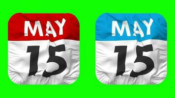 Fifteenth, 15th May Date Calendar Seamless Looping Squire Cloth Icon, Looped Plain Fabric Texture Waving Slow Motion, 3D Rendering, Green Screen, Alpha Matte video