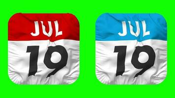 Nineteenth, 19th July Date Calendar Seamless Looping Squire Cloth Icon, Looped Plain Fabric Texture Waving Slow Motion, 3D Rendering, Green Screen, Alpha Matte video