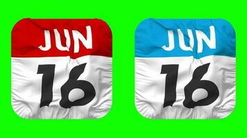 Sixteenth, 16th June Date Calendar Seamless Looping Squire Cloth Icon, Looped Plain Fabric Texture Waving Slow Motion, 3D Rendering, Green Screen, Alpha Matte video