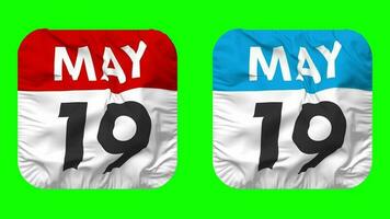 Nineteenth, 19th May Date Calendar Seamless Looping Squire Cloth Icon, Looped Plain Fabric Texture Waving Slow Motion, 3D Rendering, Green Screen, Alpha Matte video