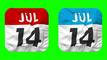 Fourteenth, 14th July Date Calendar Seamless Looping Squire Cloth Icon, Looped Plain Fabric Texture Waving Slow Motion, 3D Rendering, Green Screen, Alpha Matte video