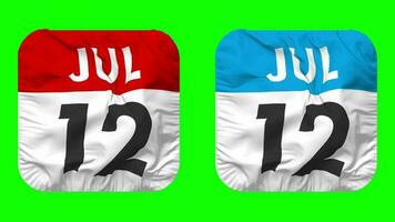 twaalfde, 12e juli datum kalender naadloos looping schildknaap kleding icoon, lusvormige duidelijk kleding stof structuur golvend langzaam beweging, 3d weergave, groen scherm, alpha matte video