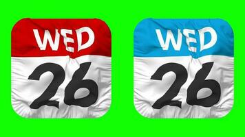 Twenty Sixth, 26th Wednesday Date Calendar Seamless Looping Squire Cloth Icon, Looped Plain Fabric Texture Waving Slow Motion, 3D Rendering, Green Screen, Alpha Matte video