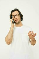 Cheerful man telephone communication hand gesture Lifestyle unaltered photo