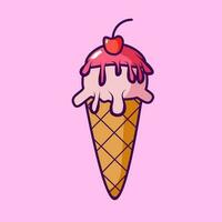 Vector illustration with Ice cream cone cherry. Flat outline illustration