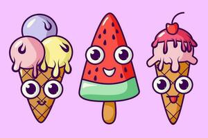 Vector set with Ice cream mascot. Flat outline illustration