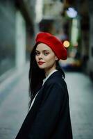 Fashion woman portrait walking tourist in stylish clothes with red lips walking down narrow city street, travel, cinematic color, retro vintage style, dramatic. photo