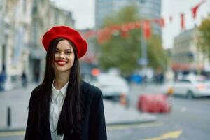 Woman smile walks walks in the city against the backdrop of office buildings, stylish fashionable vintage clothes and make-up, autumn walk, travel. photo