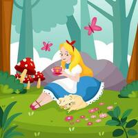 Pretty Women In Forest With Sleeping Cat vector