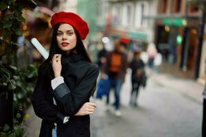 Woman walking down an old city street in a crowd, sociophobia, fear of crowds, fear of people, panic attack. photo