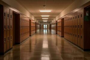 vacío colegio pasillos lleno con casilleros ai generado foto