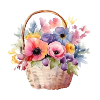 Cute watercolor flowers in basket. Illustration AI Generative png