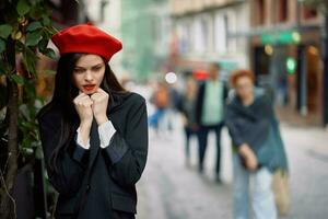 Woman walking down an old city street in a crowd, sociophobia, fear of crowds, fear of people, panic attack. photo