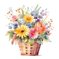 carino acquerello fiori nel cestino. illustrazione ai generativo png