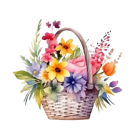 linda acuarela flores en cesta. ilustración ai generativo png