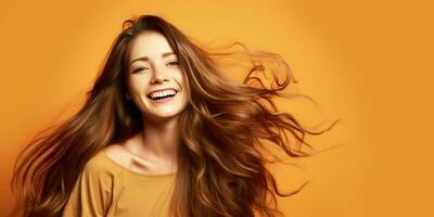 Happy smiling young woman with beautiful long brown hair. Geneartive AI. photo