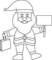 Line Art Illustration Of Santa Claus Holding Carry Bag With Empty Signboard. vector