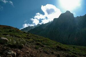 Mountain valley with blue sky and clouds photo