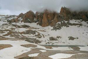 Snowy peaks mountains with lake landscape photo