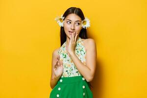 flower woman beautiful young camomile stylish yellow happy fashion studio style photo