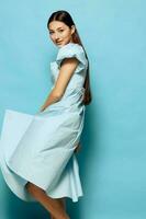 model woman blue fashion vogue beautiful dress style summer young studio photo