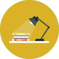 Collection of books and table lamb on desk icon on circular background. vector