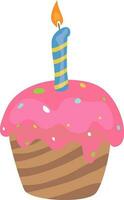 Flat illustration of cupcake with burning candle. vector