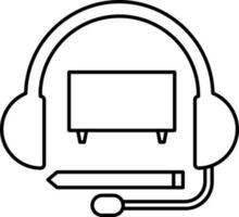 Headphone with Monitor and Pencil icon in black outline. vector