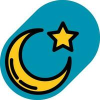 Yellow Crescent moon with Star icon on blue circle background. vector