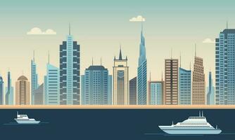 Modern City Skyline Building of Metropolitan Area with Cruse Ship. vector