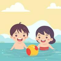 contento chico y niña personaje jugando pelota en agua para piscina fiesta en verano día festivo. vector