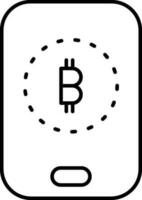 línea Arte ilustración de bitcoin en teléfono inteligente pantalla icono. vector