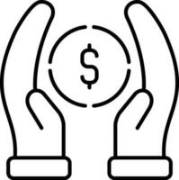 Hand holding dollar coin icon in thin line art. vector