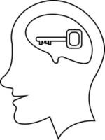 Black line art human with key in brain. vector