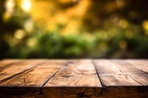 Wood table with blurred background photo