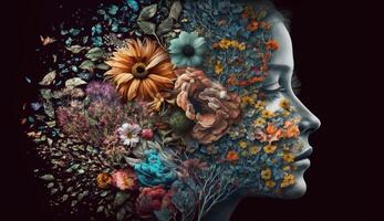 Young woman smiling with eyes closed surrounded by flowers generated by AI photo