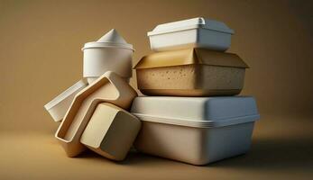 Stack of cardboard packaging with food illustration generated by AI photo