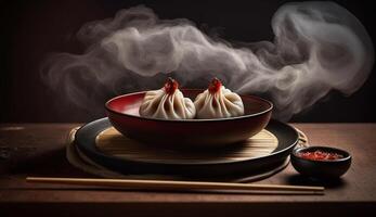 Steam rises from gourmet Chinese meal on plate generated by AI photo